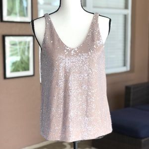 Beige sequined tank top plunge neckline